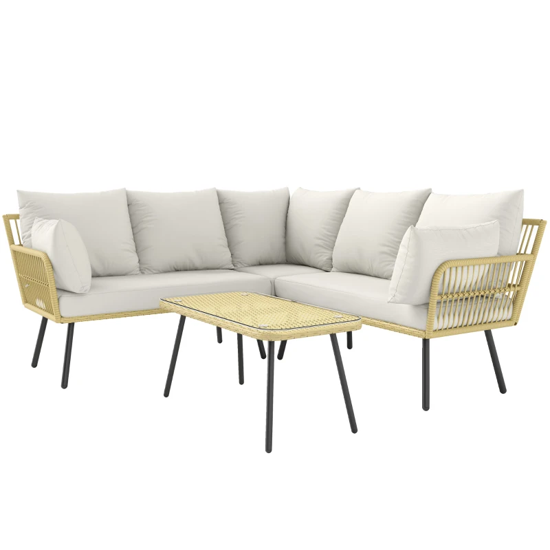 Outsunny Set de Mobilier de Grădină din Ratan din 4 Piese cu Canapea de Colț cu Perne și Măsuță de Cafea, 11x63x74 cm, Crem(m-10)