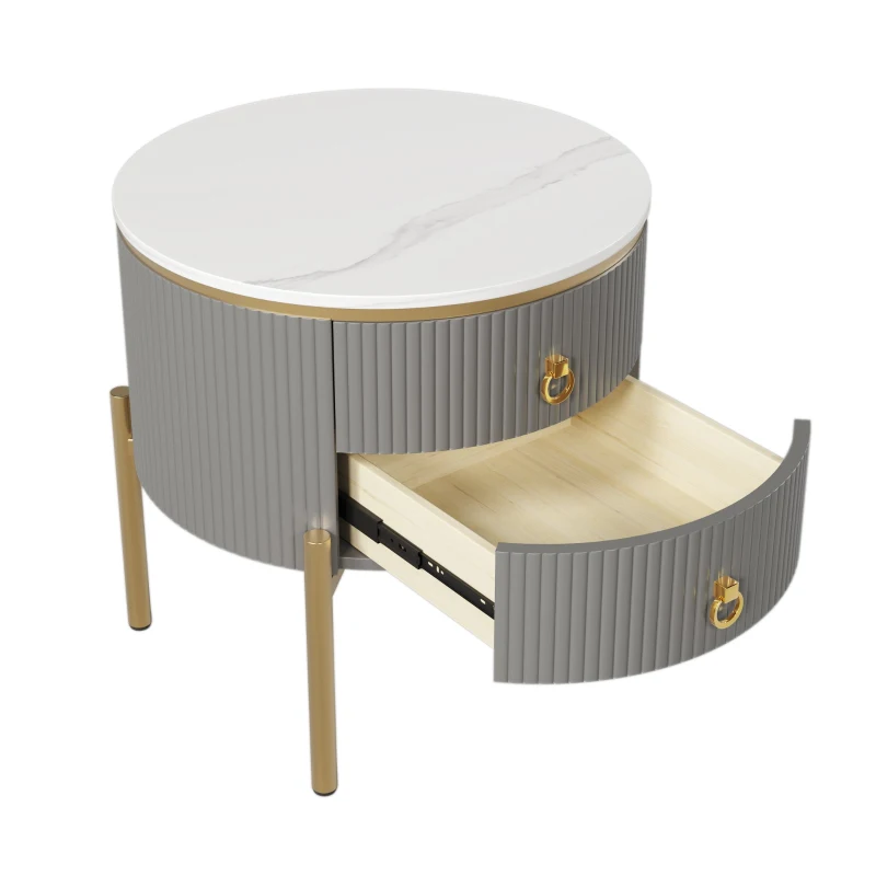 Tavolino con cassetti, texture di marmo, gambe e maniglie dorate, 50×50×51 cm, Grigio