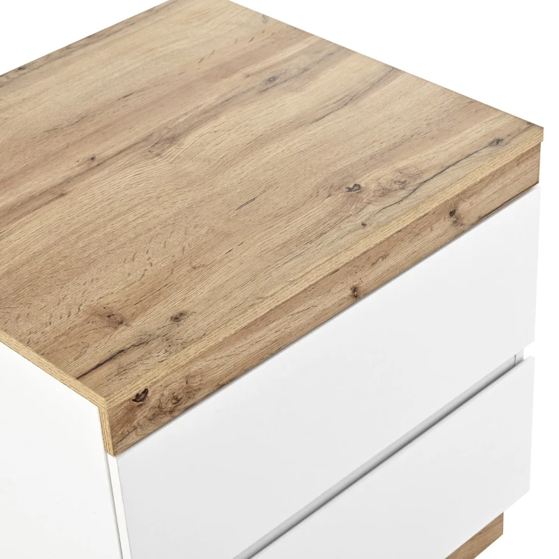 Comodino con due cassetti, funzione contenitore, per camera da letto, Bianco + Naturale