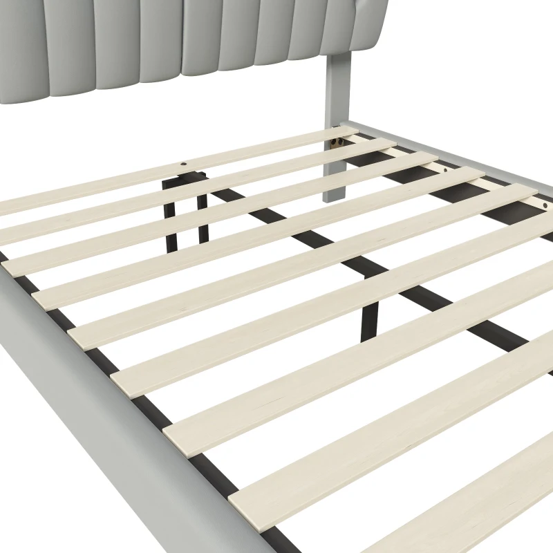 Stilvolles Polsterbett, 140×200, Kunstleder, Abnehmbare Rückenlehne mit Reißverschluss, Lattenrost und Kopfteil, ohne Matratze, Grau