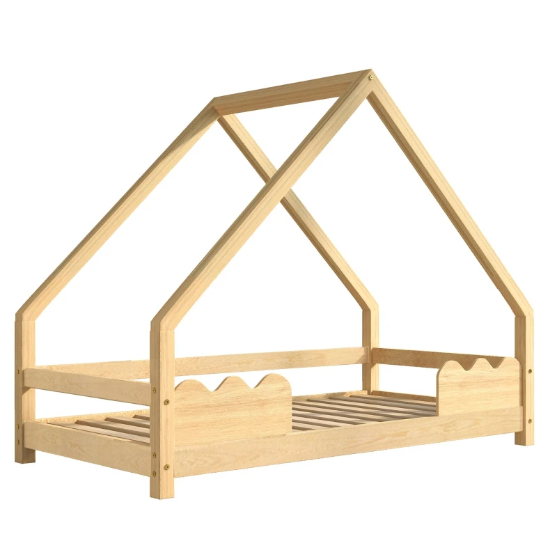 Hausbett, Kinderbett, 80×160 cm, mit Rausfallschutz, Spielbett, Jugendbett aus Massivholz, inkl. Lattenrost, Naturfarbe