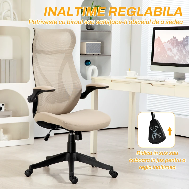 HOMCOM Scaun Ergonomic de Birou cu Brațe Rabatabile, Tetieră, Înălțime Reglabilă și Funcție de Leagăn, 66x66x121 cm, Bej