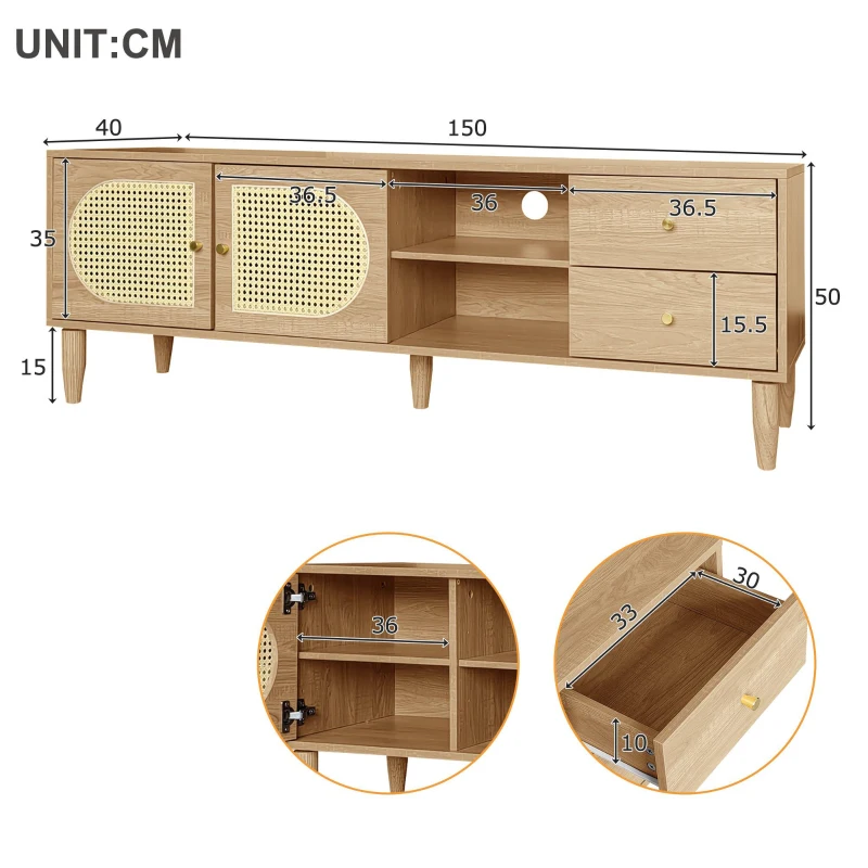 Meuble TV en rotin 150×40×50 cm,  avec 2 portes en rotin,  2 tiroirs,  étagère réglable en hauteur et gestion des câbles,  pour téléviseur jusqu'à 60 pouces, Chêne
