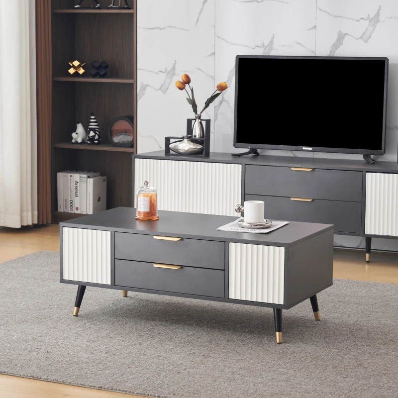 Moderner Couchtisch 100×50×40 cm mit 2 Türen, 2 Schubladen und vergoldeten Akzenten, hochwertige Verarbeitung, praktischer Stauraum, Weiß+Grau