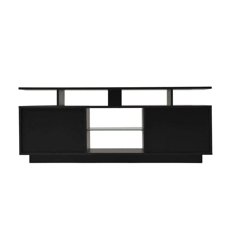 Moderner TV-Schrank mit 16-Farben-LED-Beleuchtung, Hochglanz-Türpaneel, Glasfach, 140×35×55 cm, Schwarz