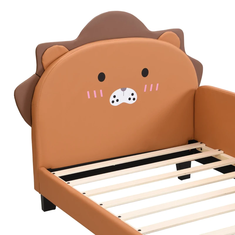 Kinderbett, 90×200 cm, Löwenform, Kunstleder-Material, Holzlattenrost, einfache Montage, Matratze nicht enthalten, Orange