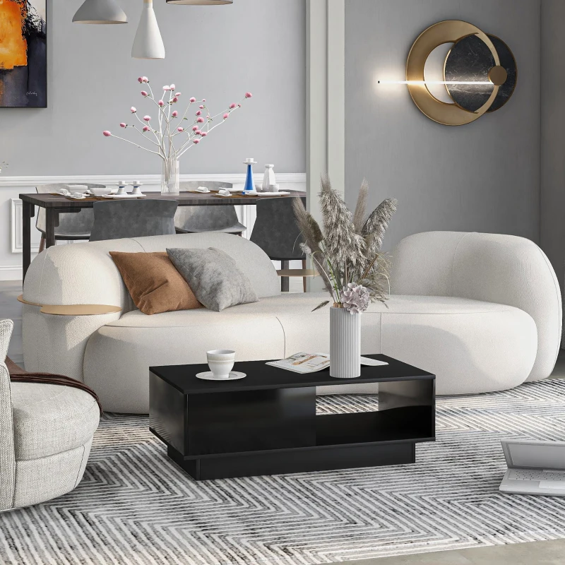 Table basse moderne en finition brillante avec éclairage LED,  15 couleurs,  1 tiroirs et 2 étagères,  95×55×32 cm, Noir