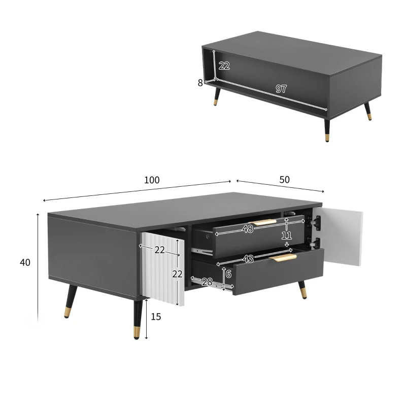 Măsuță de cafea modernă 100×50×40 cm cu 2 uși, 2 sertare și accente aurii, spațiu de depozitare practic, Alb+gri