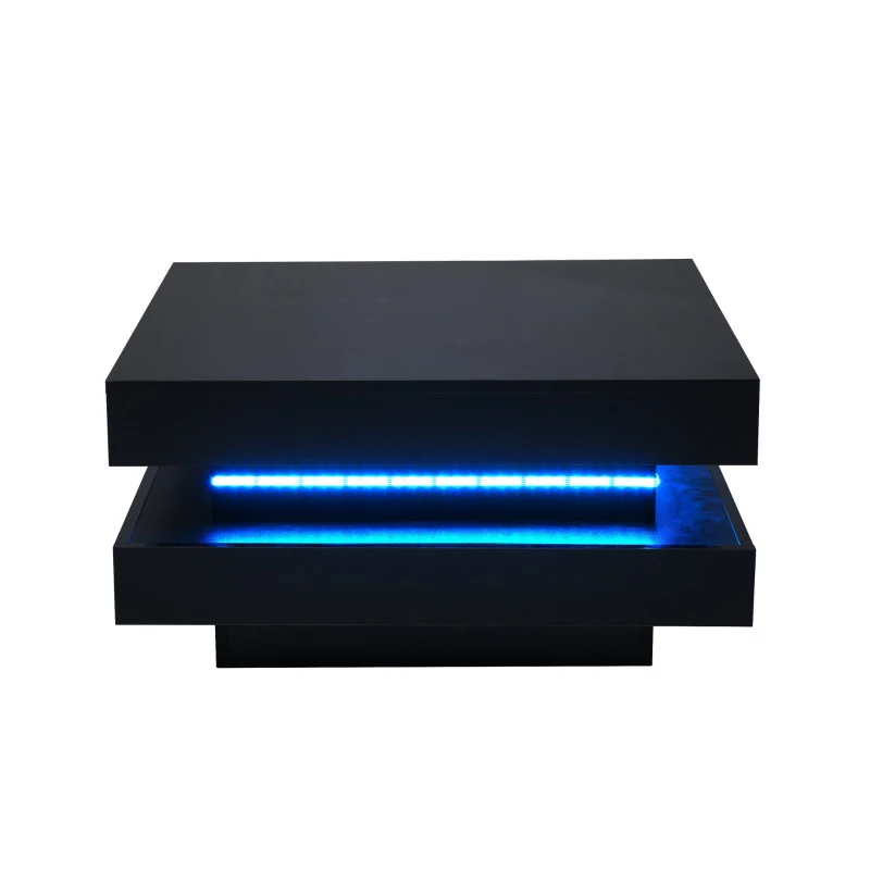 Table basse carrée,  style technologique moderne avec éclairage LED,  70×70×36 cm, Noir