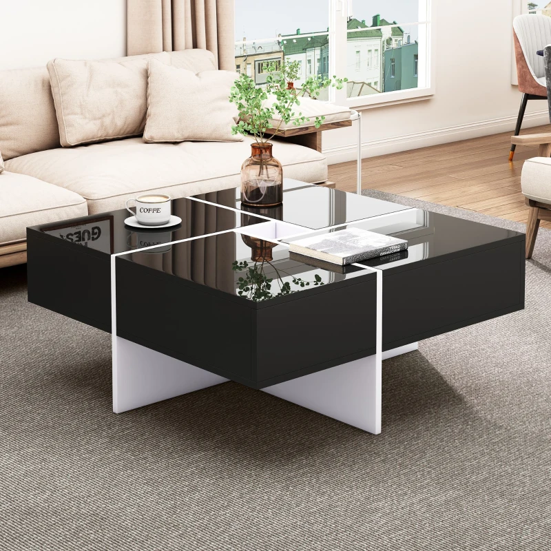 Table basse élégante en finition brillante avec compartiment de rangement intégré et 4 tiroirs,  70×70×35 cm, Noir Blanc