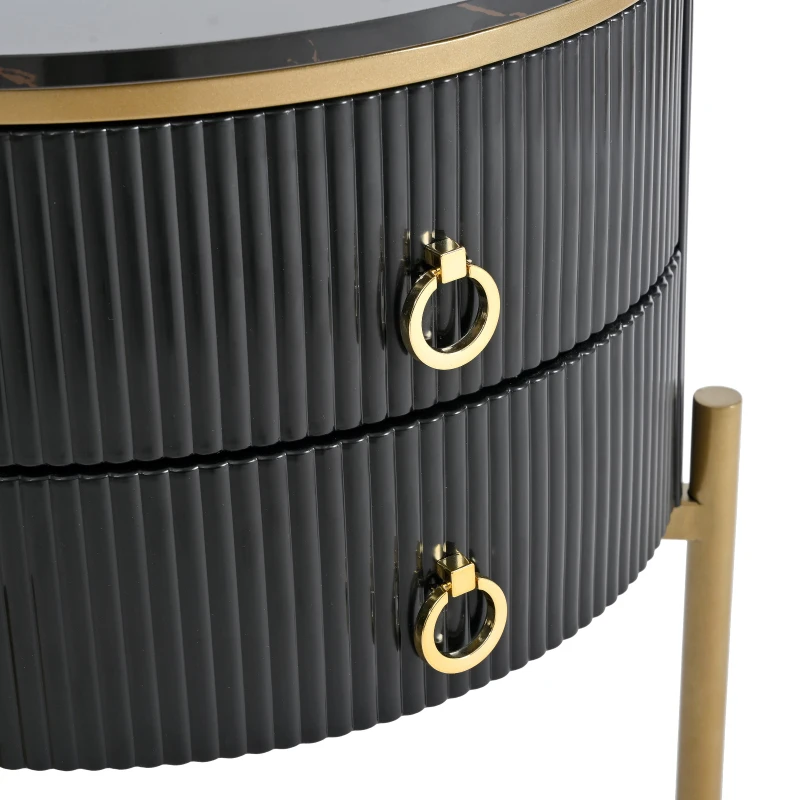 Beistelltisch mit Schubladen, Marmorstruktur, vergoldete Beine und Griffe, verstellbar, 50×50×51 cm, Schwarz