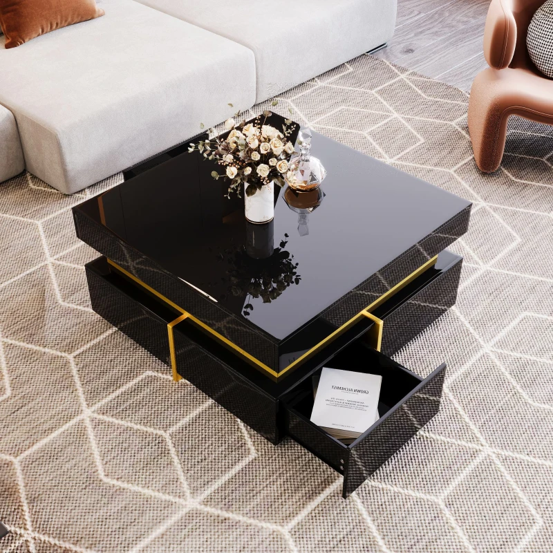Table basse brillante pour salon avec tiroirs et accents dorés, Noir