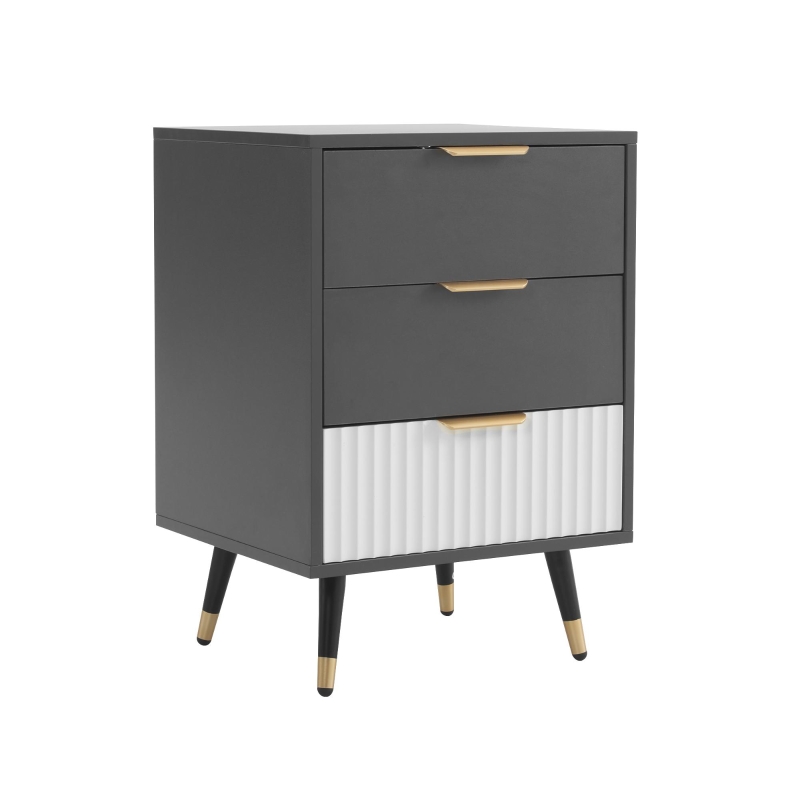Elegante mobiletto con 3 cassetti e dettagli dorati, 45x40x65 cm, Bianco+grigio