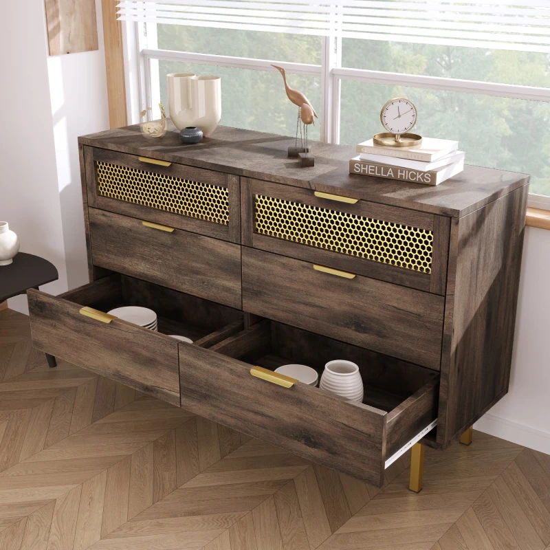 Sideboard Cabinet with 6 Drawers and Metal Handles, Multipurpose Storage Cabinets for Hallway, Bedroom, 120L x 40W x 76H cm, Dark Brown