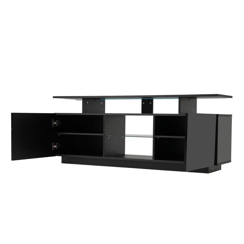 Moderner TV-Schrank mit 16-Farben-LED-Beleuchtung, Hochglanz-Türpaneel, Glasfach, 140×35×55 cm, Schwarz