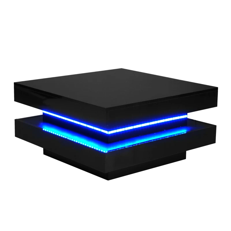 Table basse carrée,  style technologique moderne avec éclairage LED,  70×70×36 cm, Noir