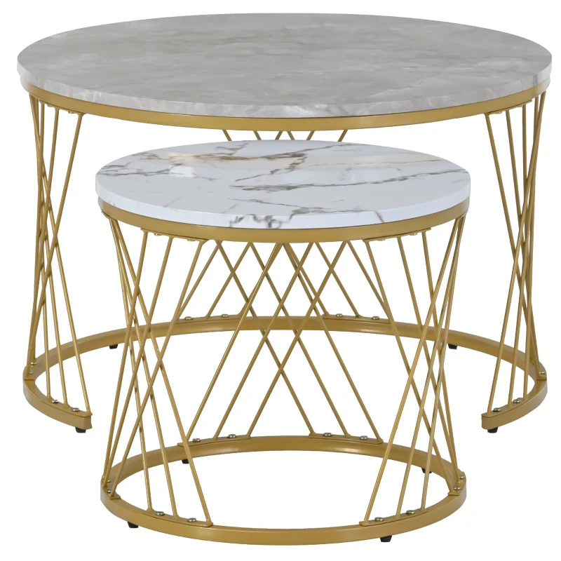 Ensemble de tables basses modernes gigognes,  lot de 2,  MDF avec motif marbre,  tables d'appoint rondes,  cadre en métal stable,  70×70×45 cm, Gris