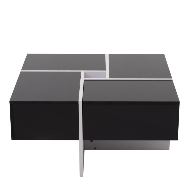 Table basse élégante en finition brillante avec compartiment de rangement intégré et 4 tiroirs,  70×70×35 cm, Noir Blanc