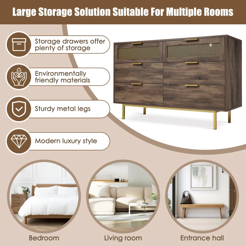 Sideboard Cabinet with 6 Drawers and Metal Handles, Multipurpose Storage Cabinets for Hallway, Bedroom, 120L x 40W x 76H cm, Dark Brown