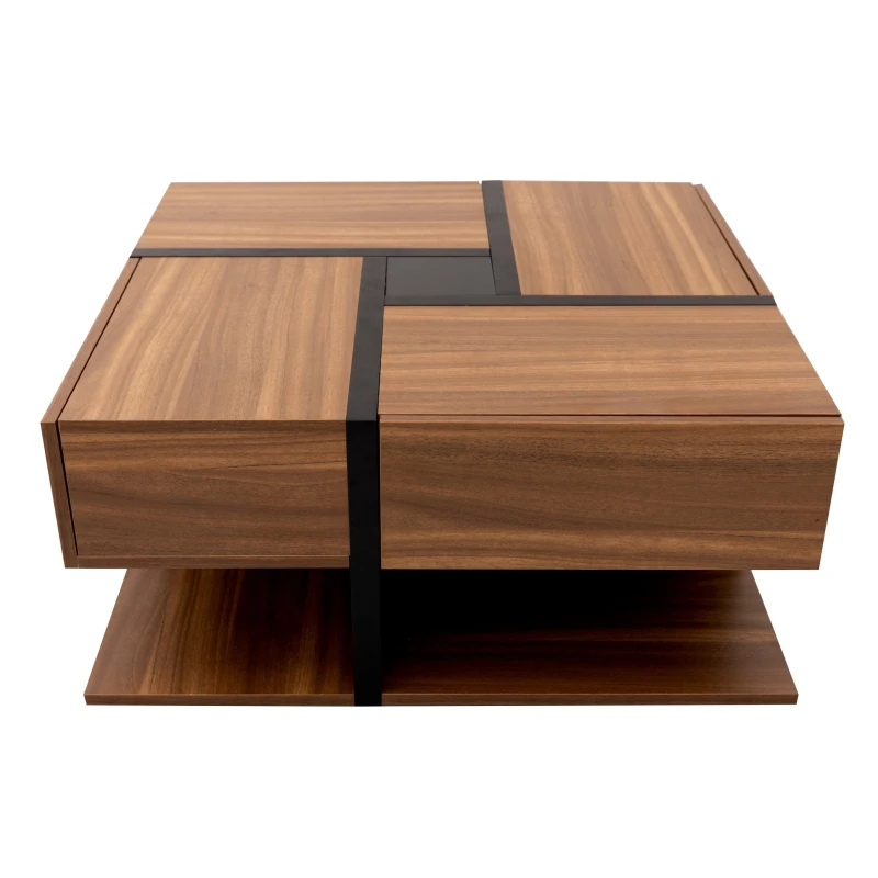 Table basse avec 4 tiroirs, design unique de couleurs et de lignes, espace de rangement inférieur, 78×78×36 cm, Naturel(m-2)