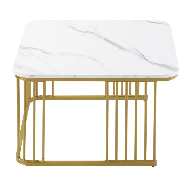 Ensemble de 2 tables basses carrées en marbre à haute brillance,  tables gigognes avec pieds dorés, Blanc