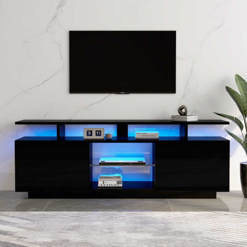 Meuble TV Moderne Avec Éclairage LED - 170x38x36 Cm, 2 Tiroirs + 2 Étagères Verre | Lowboard Noir