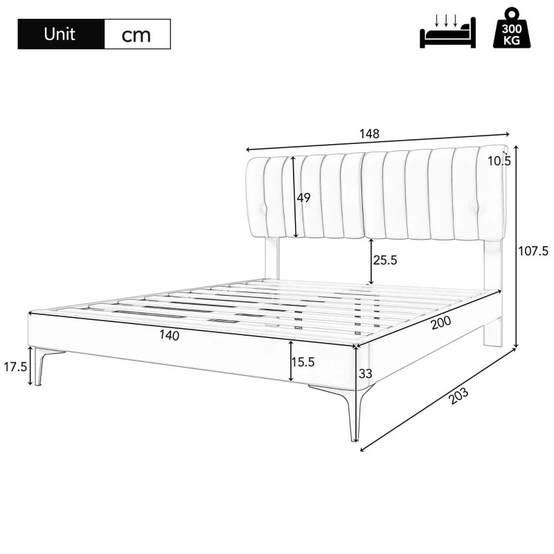 Stilvolles Polsterbett, 140×200, Kunstleder, Abnehmbare Rückenlehne mit Reißverschluss, Lattenrost und Kopfteil, ohne Matratze, Grau