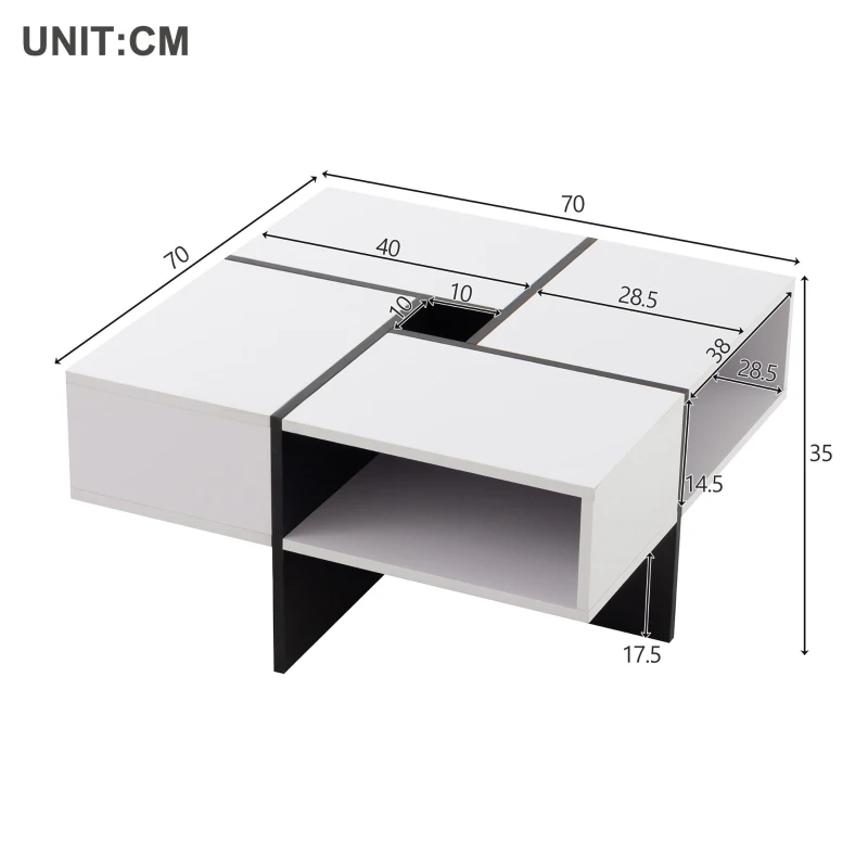 Table basse carrée moderne,  5 compartiments ouverts,  compartiment de rangement central 10x10 cm, 70x70x35 cm, Noir Blanc