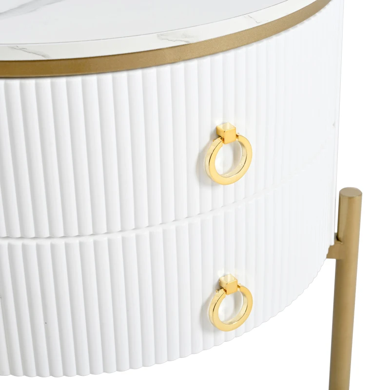 Tavolino con cassetti, texture di marmo, gambe e maniglie dorate, 50×50×51 cm, Bianco