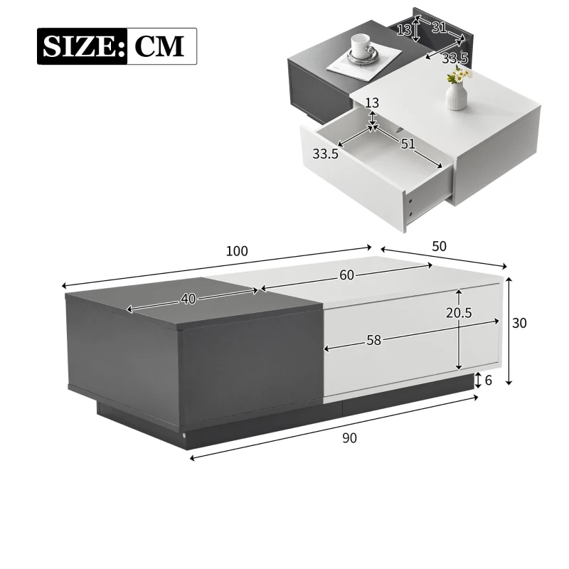Moderner rechteckiger Couchtisch, 100×50×30 cm, mit 2 Druckschubladen, Innovativem Design und Hoher Belastbarkeit bis 45 kg, Weiß+Grau