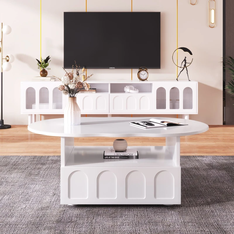 Table basse en forme de nuage avec tiroirs et compartiments de rangement, mécanisme Push-to-Open, Blanc(m-4)