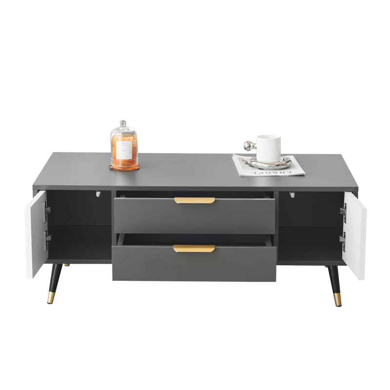 Măsuță de cafea modernă 100×50×40 cm cu 2 uși, 2 sertare și accente aurii, spațiu de depozitare practic, Alb+gri