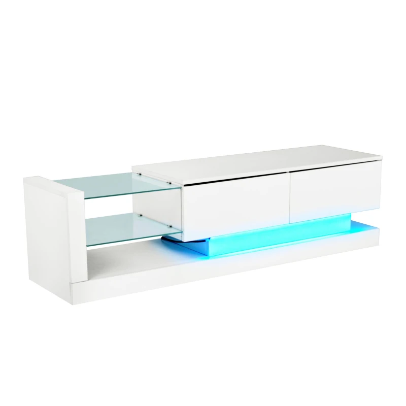 Stilvoller Hochglanz-TV-Schrank, 1,4m Länge, 16-farbige LED-Beleuchtung, für 60-Zoll-Fernseher, mit Glasablage und verstecktem Stauraum, 140×38×38 cm,  Weiß