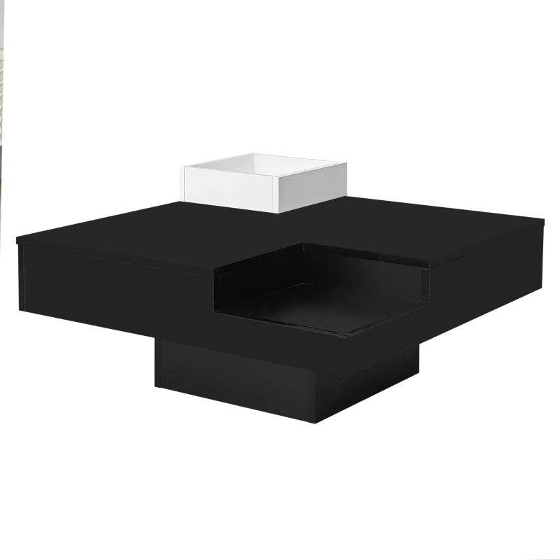 Table basse en haute brillance, table de salon avec boîte de rangement amovible et effet lumineux LED, 72×72×30 cm, Noir