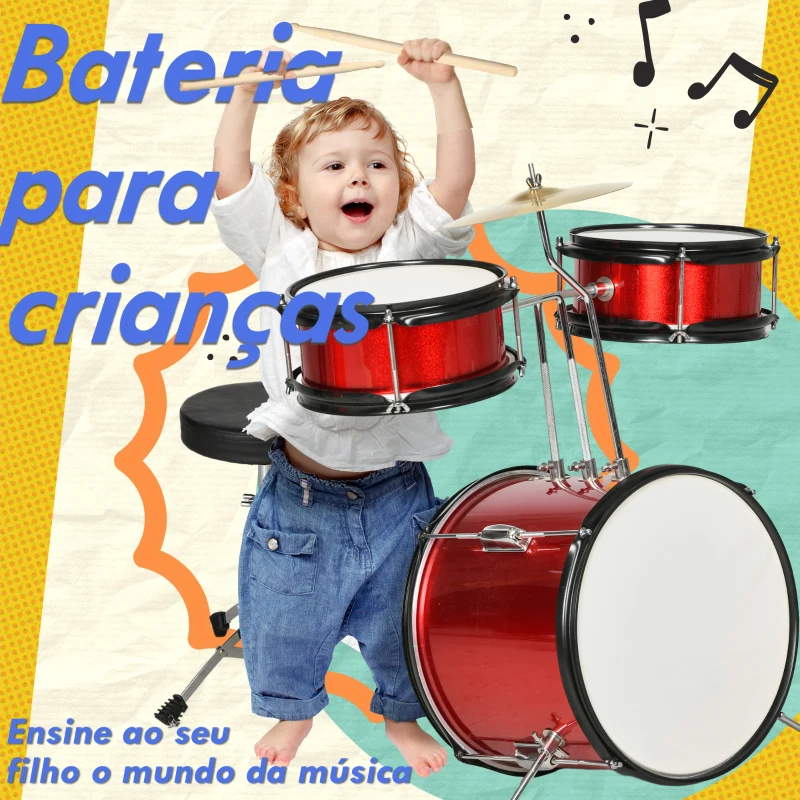 AIYAPLAY Bateria para Crianças de +3 Anos com Banco Ajustável Tambores Bombo Prato Pedal e Baquetas 80x60x48-65 cm Vermelho
