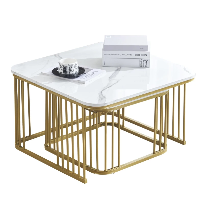 Set de 2 măsuțe pătrate din marmură lucioasă, măsuțe suprapozabile cu picioare aurii, 70×70×45 cm și 50×50×36,5 cm, Alb
