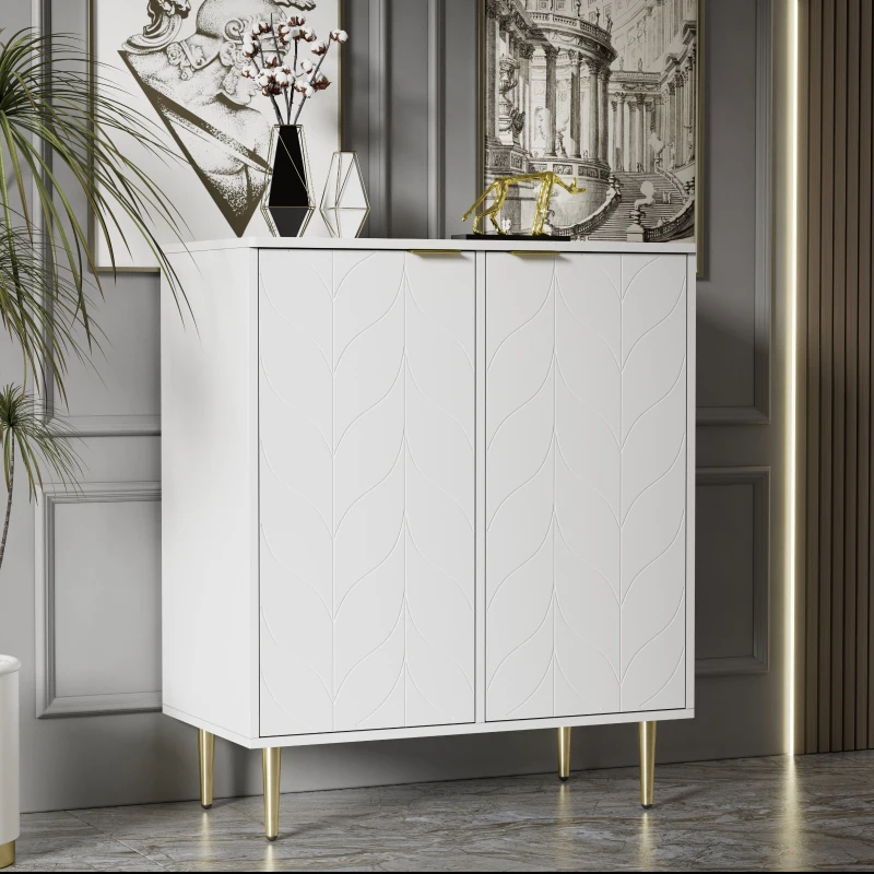Credenza con 2 ante, 3 ripiani, 6 scomparti, piedi e maniglia dorati, motivo floreale, per soggiorno, bagno e camera da letto, 75L x 40P x 90A, Dorato + Bianco