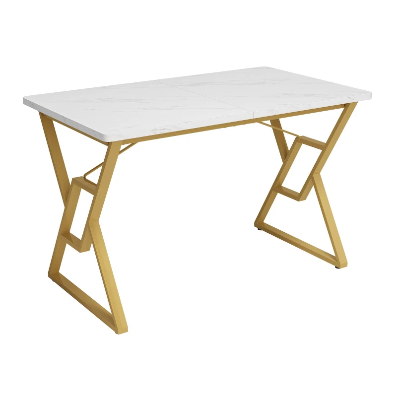 Table à manger avec pieds en métal, marbrure moderne, structure métallique stable, 119×70×75 cm,Blanc+Or