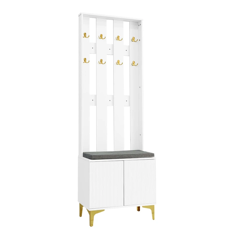 Set guardaroba con panca per scarpe e cuscino, frontale armadio con ganci, 60,5×180,5×35,2 cm, Bianco+Oro