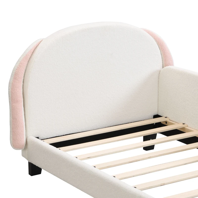 Lit pour enfant 90×200 cm avec sommier à lattes, en forme de lapin, tête de lit en sherpa, montage facile, matelas non inclus,Blanc+Rose