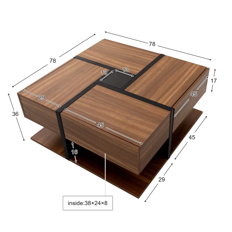 Table basse avec 4 tiroirs, design unique de couleurs et de lignes, espace de rangement inférieur, 78×78×36 cm, Naturel(m-3)