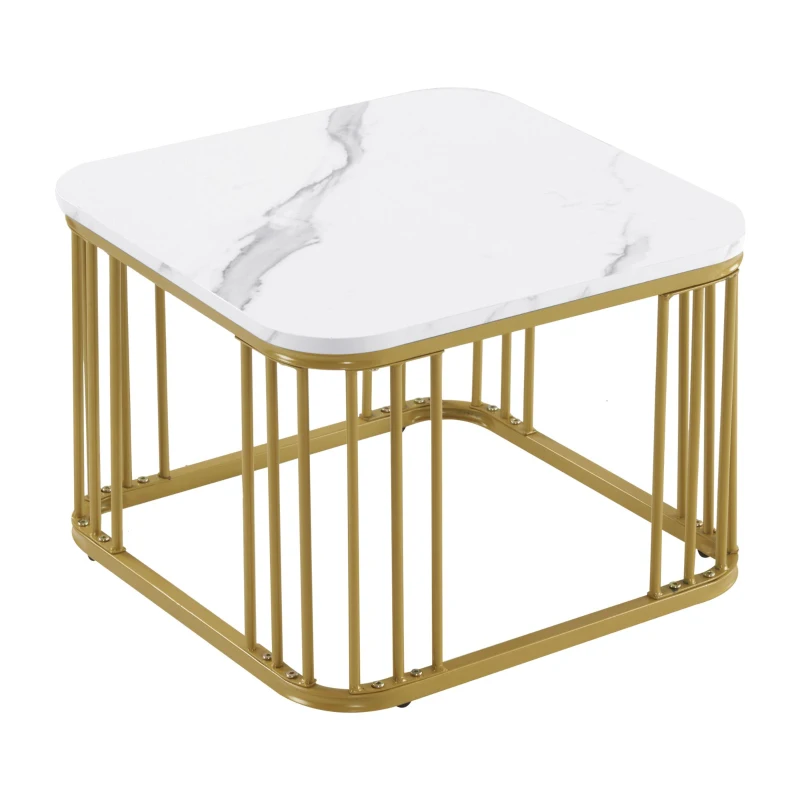 Set de 2 măsuțe pătrate din marmură lucioasă, măsuțe suprapozabile cu picioare aurii, 70×70×45 cm și 50×50×36,5 cm, Alb