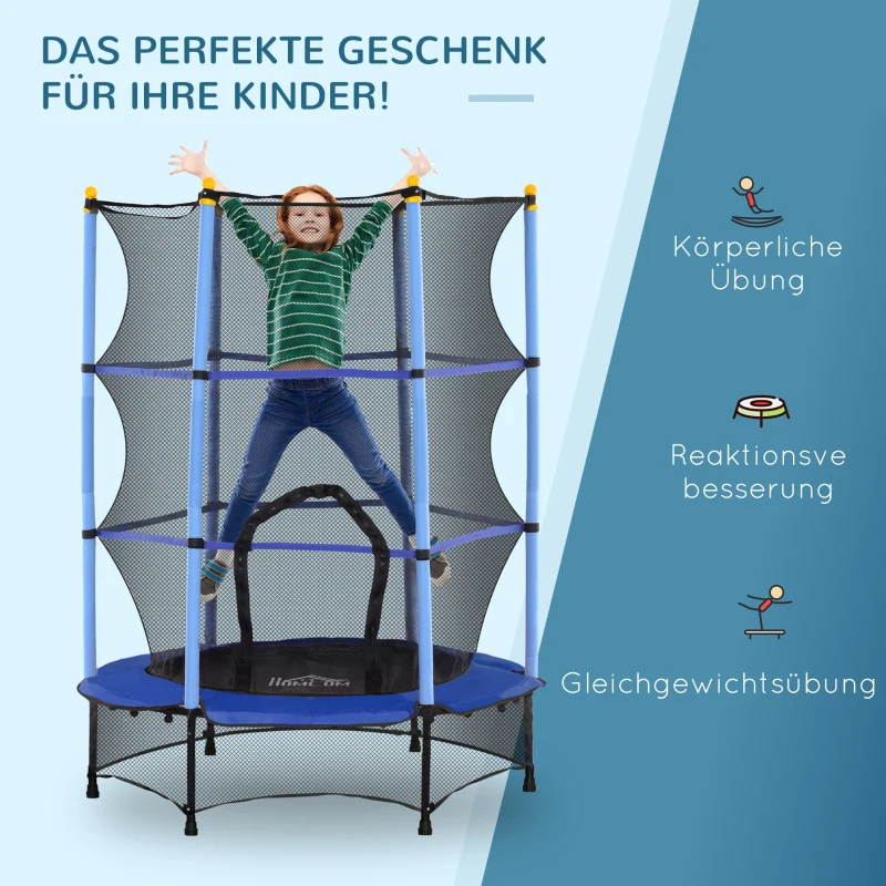 HOMCOM Kindertrampoline, Ø140 cm, met Veiligheidsnet, Binnen en Buiten, Staal, Kunststof, Tot 50 kg Belastbaar, Blauw