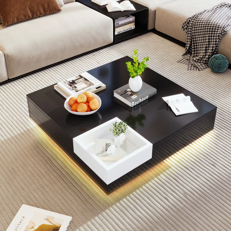 Table basse en haute brillance, table de salon avec boîte de rangement amovible et effet lumineux LED, 72×72×30 cm, Noir