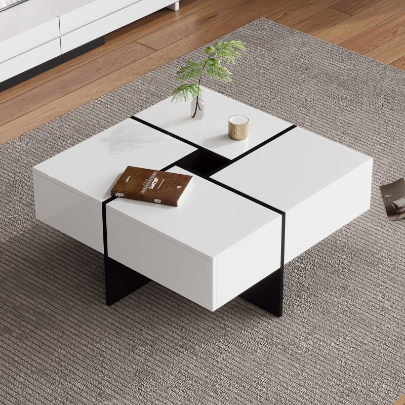 Tavolino Moderno Quadrato Con LED - Nero Lucido, Scatola Bianca Rimovibile, 72x72x30 Cm
