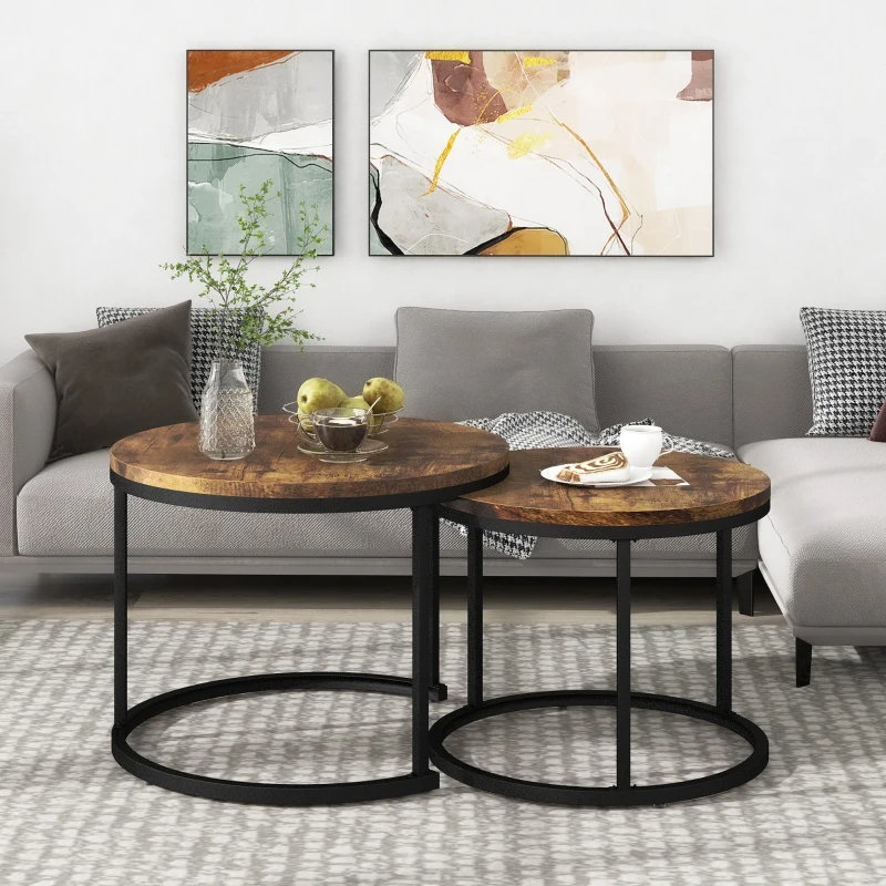 Set di 2 tavolini rotondi, tavolino impilabile con piano in MDF e struttura in acciaio, tavolo grande 50 x 70,5 cm, tavolo piccolo 45,5 x 44 cm, Marrone