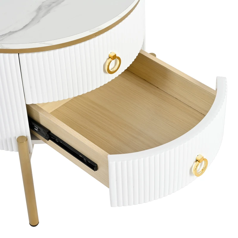 Table d'appoint avec tiroirs, structure en marbre, pieds et poignées dorés réglables, 50×50×51 cm, Blanc