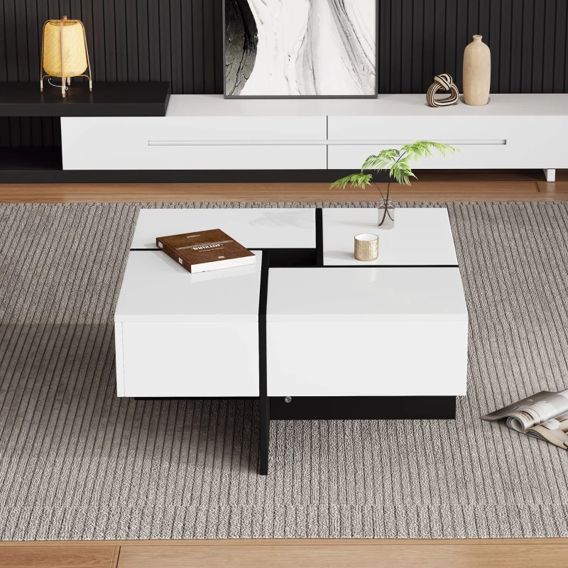 Couchtisch 70x70x35 cm mit 4 Schubladen, Modern Design, Schwarz-Weiß