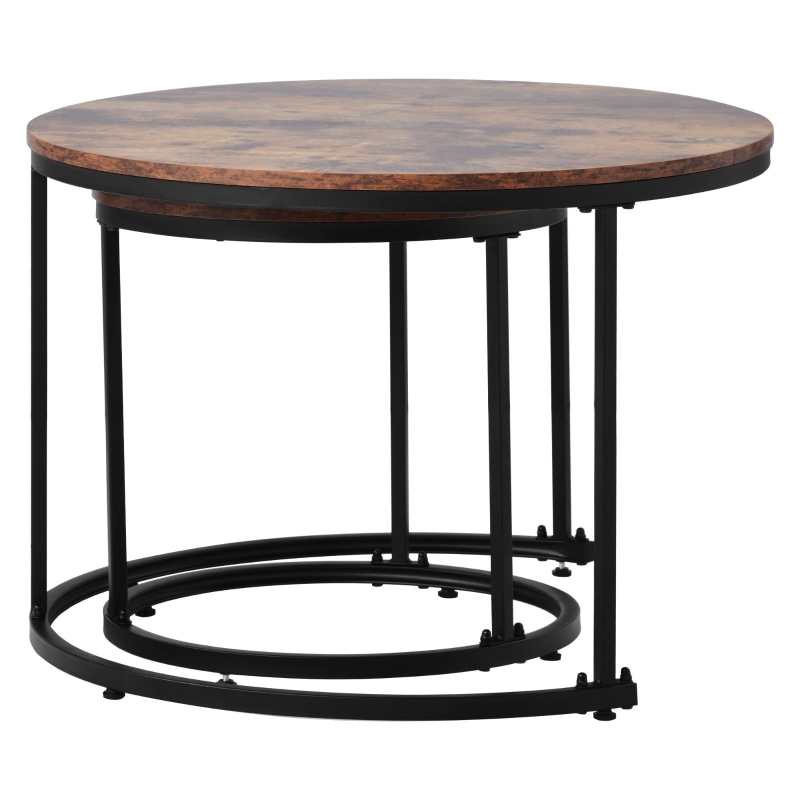 Set di 2 tavolini rotondi, tavolino impilabile con piano in MDF e struttura in acciaio, tavolo grande 50 x 70,5 cm, tavolo piccolo 45,5 x 44 cm, Marrone