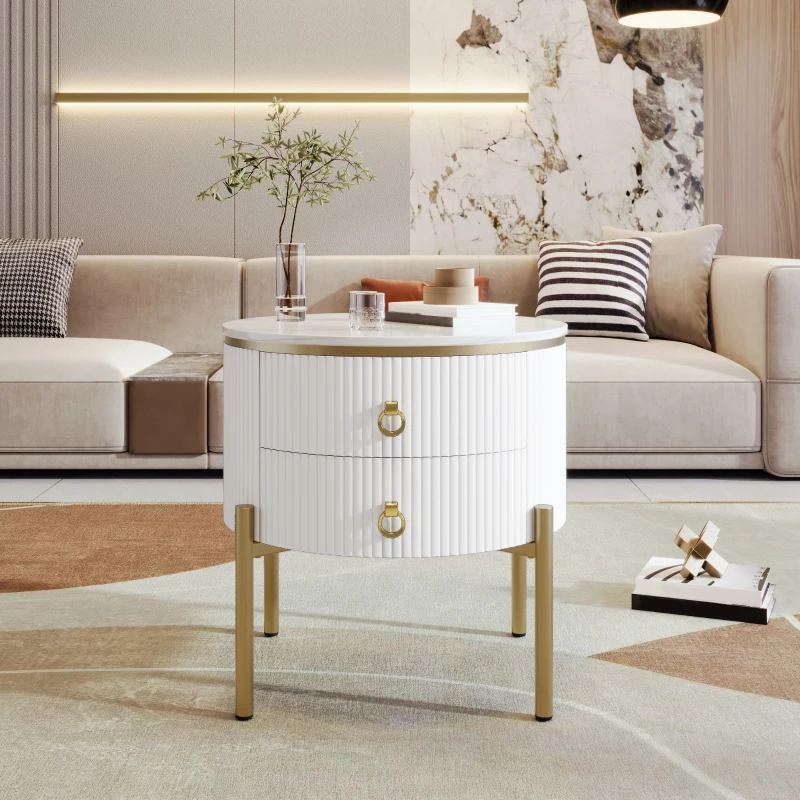 Table d'appoint avec tiroirs, structure en marbre, pieds et poignées dorés réglables, 50×50×51 cm, Blanc
